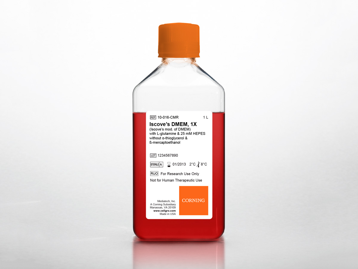 Corning® 10 L Iscoves Modifcation of DMEM [+] L-glutamine, 25 mM HEPES [-] a-thioglycerol, mercaptoethanol, sodium bicarbonate