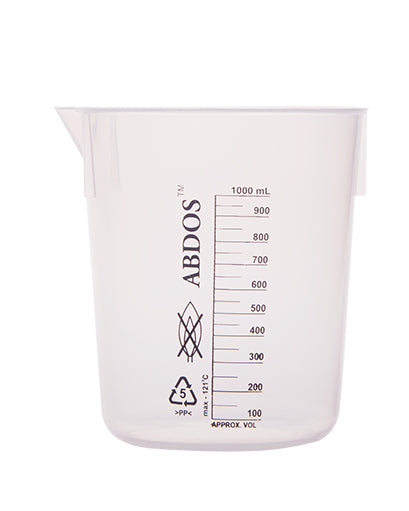 Abdos Printed Plastic Tapered Beakers, Polypropylene (PP) 1,000 mL, 4/CS