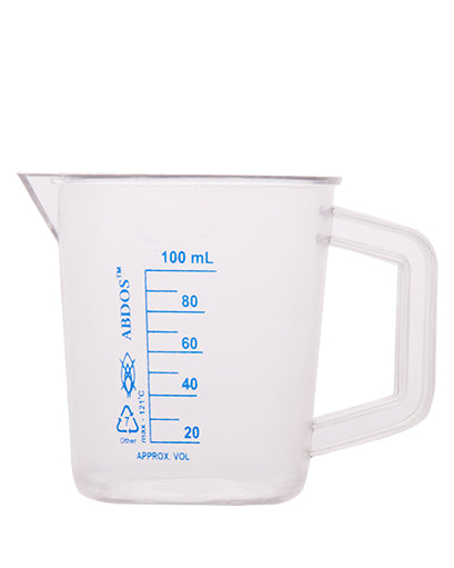 Abdos Printed Beakers with Handle, TPX Polymethyl Pentene (PMP) 100 mL, 6/CS