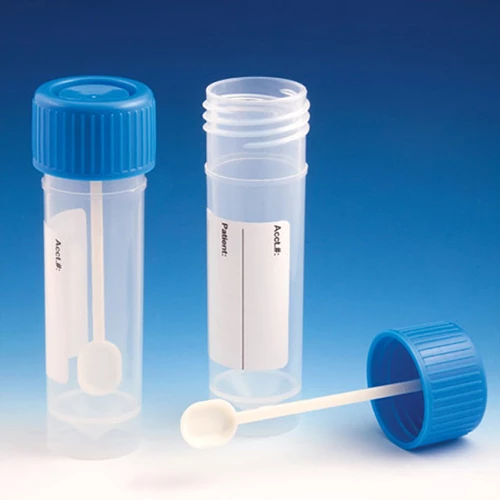 Container, Fecal, 30mL, Attached Screw Cap with Spoon, PP, Conical Bottom, Self-Standing, 100/Bag, 5 Bags/Unit