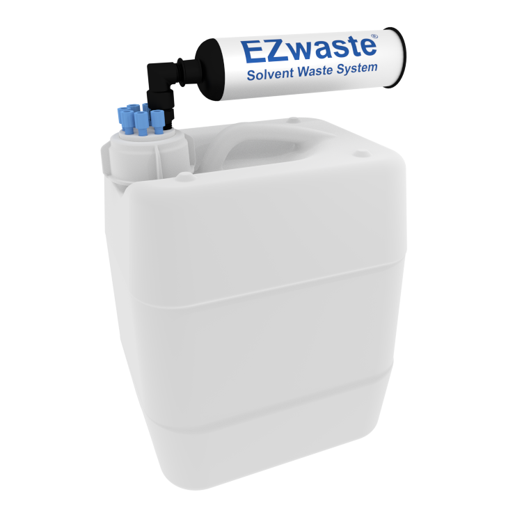 EZwaste® HPLC Solvent Waste System, 20 L (5 Gal) UN/DOT-Rated Disposable Container, 70 mm VersaCap with Four (4x) Ports for 1/16 Inch O.D. Tubing; Four (4x) Ports for 1/4 Inch O.D. Tubing, 1/EA