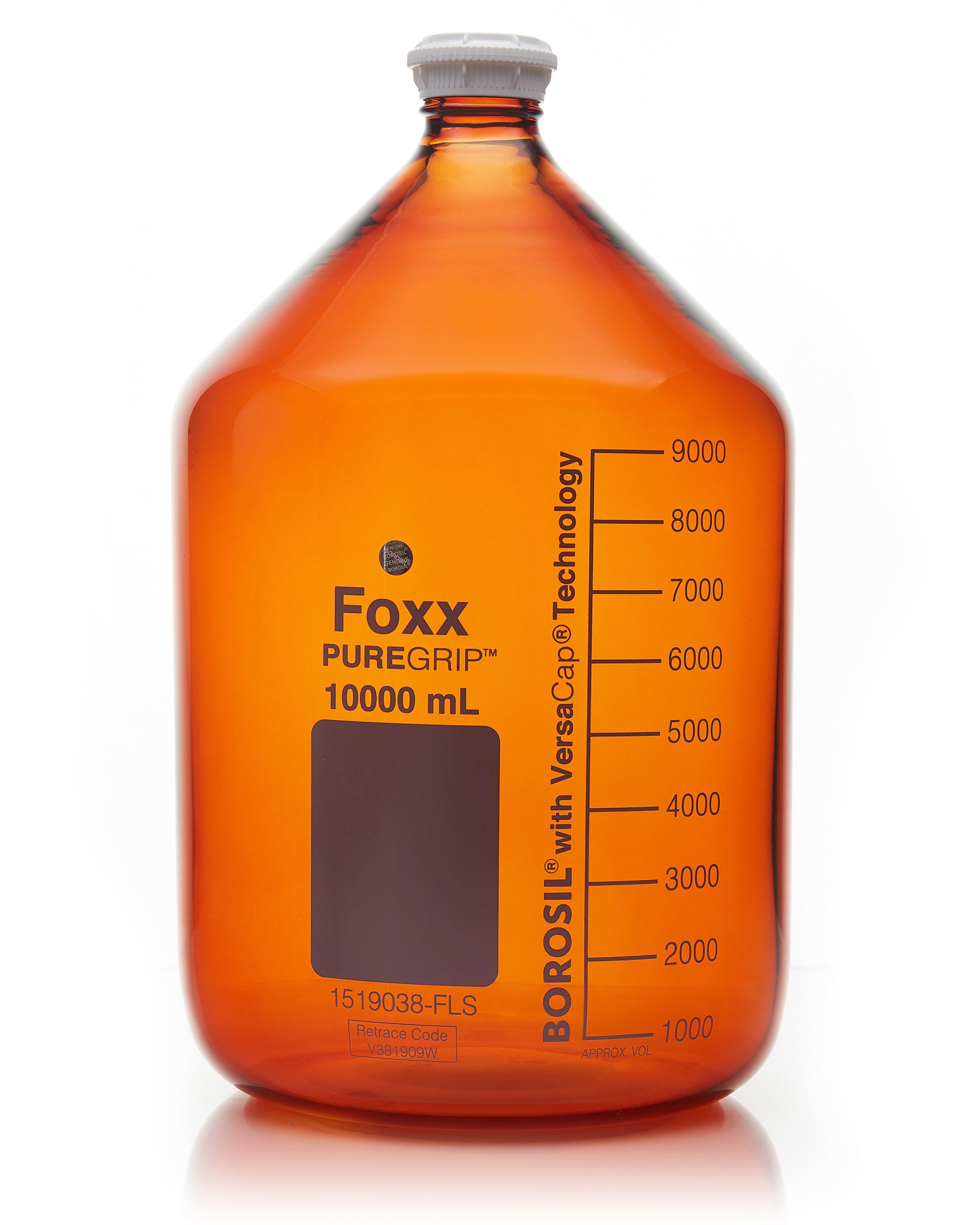 PUREGRIP® Reusable Amber Light-Blocking Round Glass Media Storage Bottles with GL45 VersaCap, Pouring Ring, and Extra Large Marking Spot, 10 L (10,000 mL), 1/EA