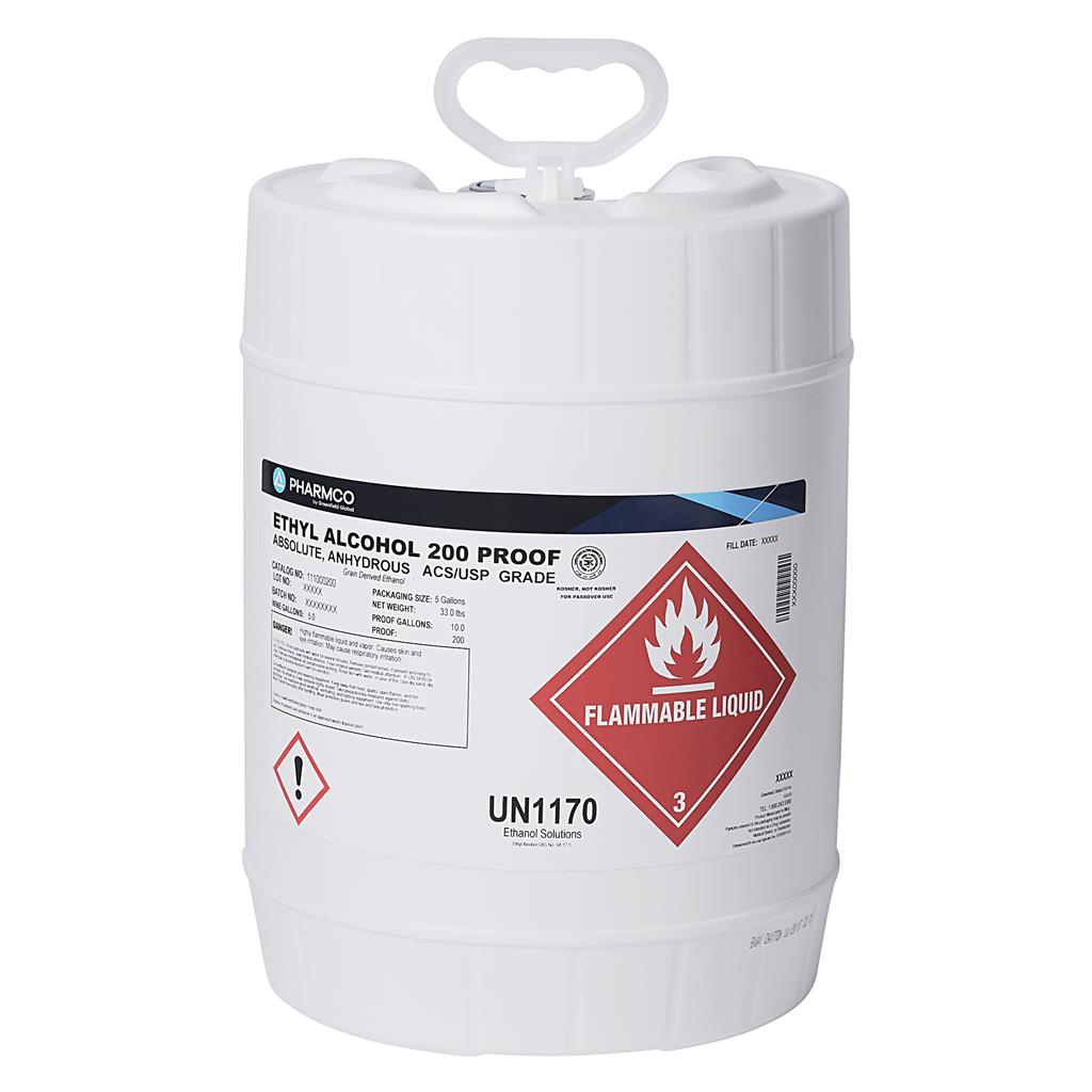 Ethyl Alcohol, Pure, 200 PF, USP/ACS  Poly w/ Rieke Spout, 5 gallon