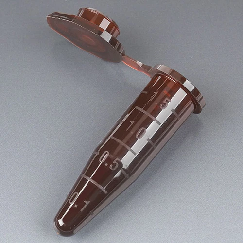 Microcentrifuge Tube, 1.5mL, PP, Attached Snap Cap, Graduated, Amber, Certified: Rnase, Dnase and Pyrogen Free, 500/Stand Up Zip Lock Bag - cs-10000