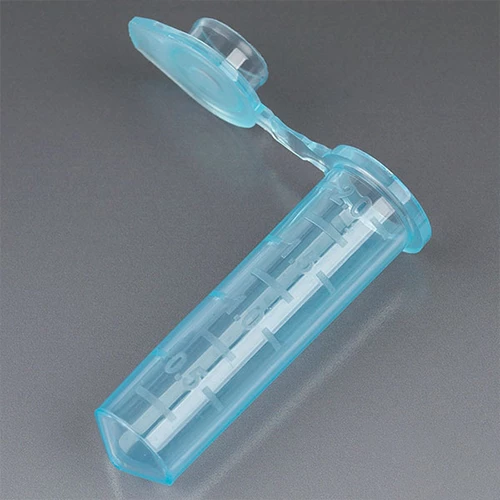Microcentrifuge Tube, 2.0mL, PP, Attached Snap Cap, Graduated, Blue, Certified: Rnase, Dnase and Pyrogen Free, 500/Stand Up Zip Lock Bag - CS/5000