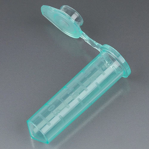 Microcentrifuge Tube, 2.0mL, PP, Attached Snap Cap, Graduated, Green, Certified: Rnase, Dnase and Pyrogen Free, 500/Stand Up Zip Lock Bag - CS/5000