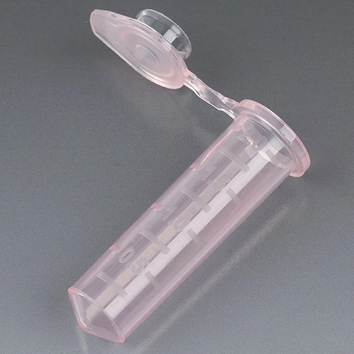 Microcentrifuge Tube, 2.0mL, PP, Attached Snap Cap, Graduated, Red, Certified: Rnase, Dnase and Pyrogen Free, 500/Stand Up Zip Lock Bag - CS/5000