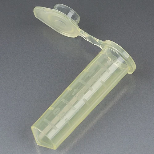 Microcentrifuge Tube, 2.0mL, PP, Attached Snap Cap, Graduated, Yellow, Certified: Rnase, Dnase and Pyrogen Free, 500/Stand Up Zip Lock Bag - CS/5000