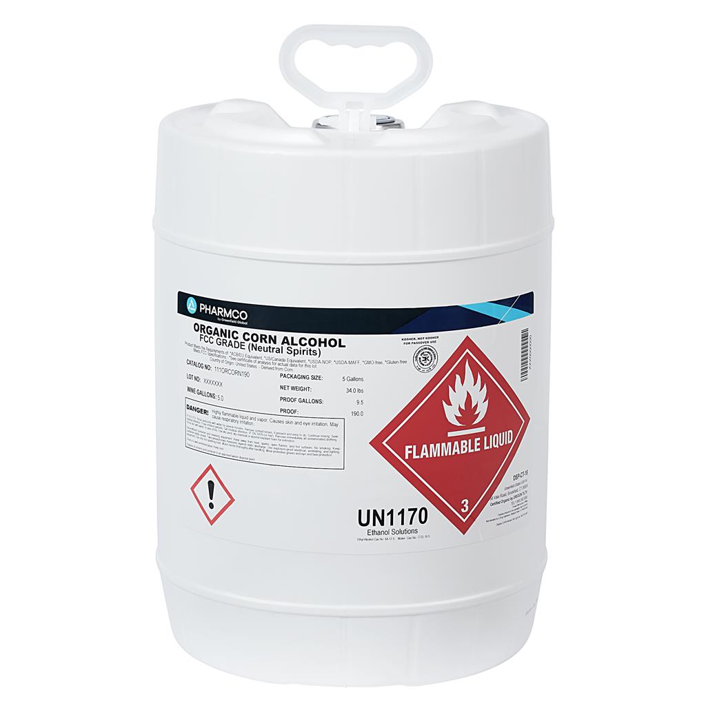 Ethyl Alcohol Organic, 190 PF, FCC  Poly W/Rieke Spout, 5 gallon