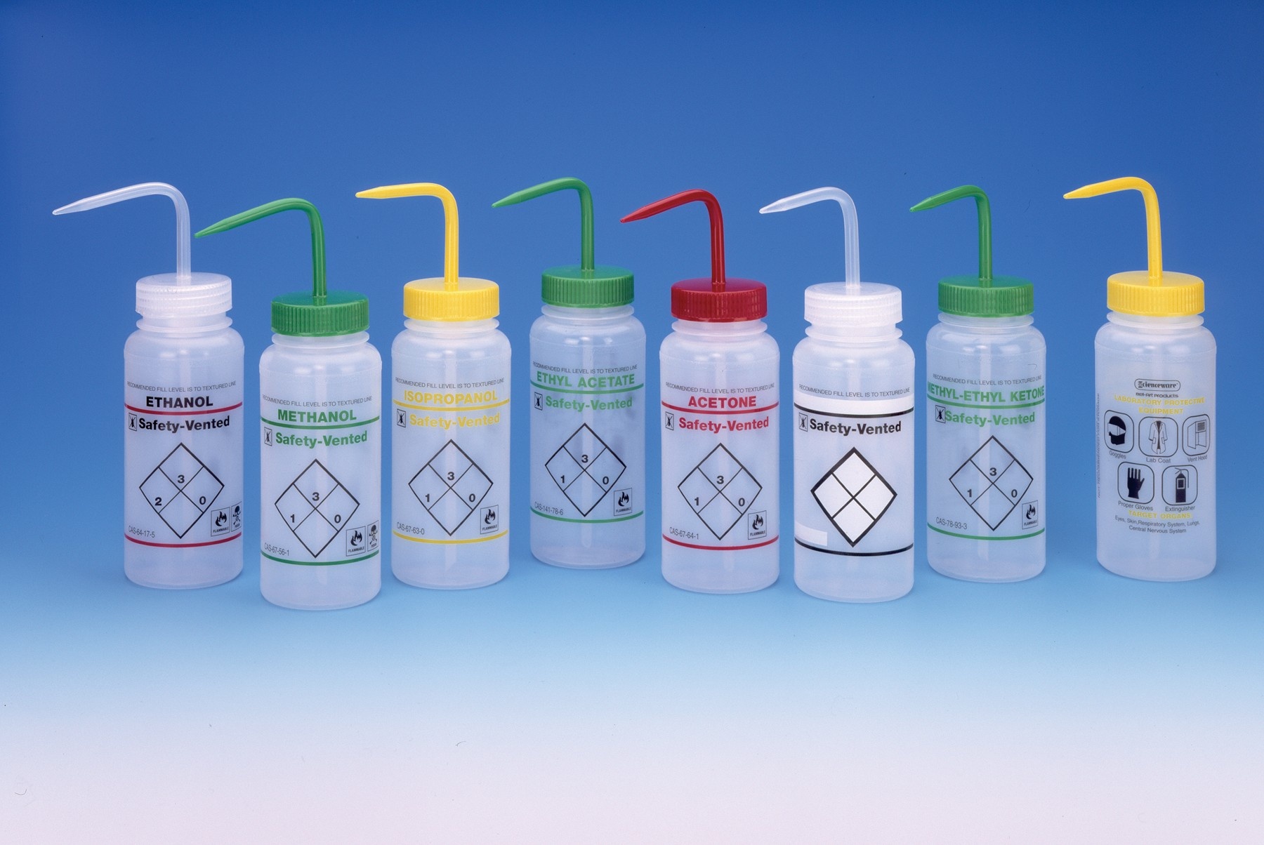 BOTTLE,PE,WASH,VENTING SOLVENT LABELED, Red