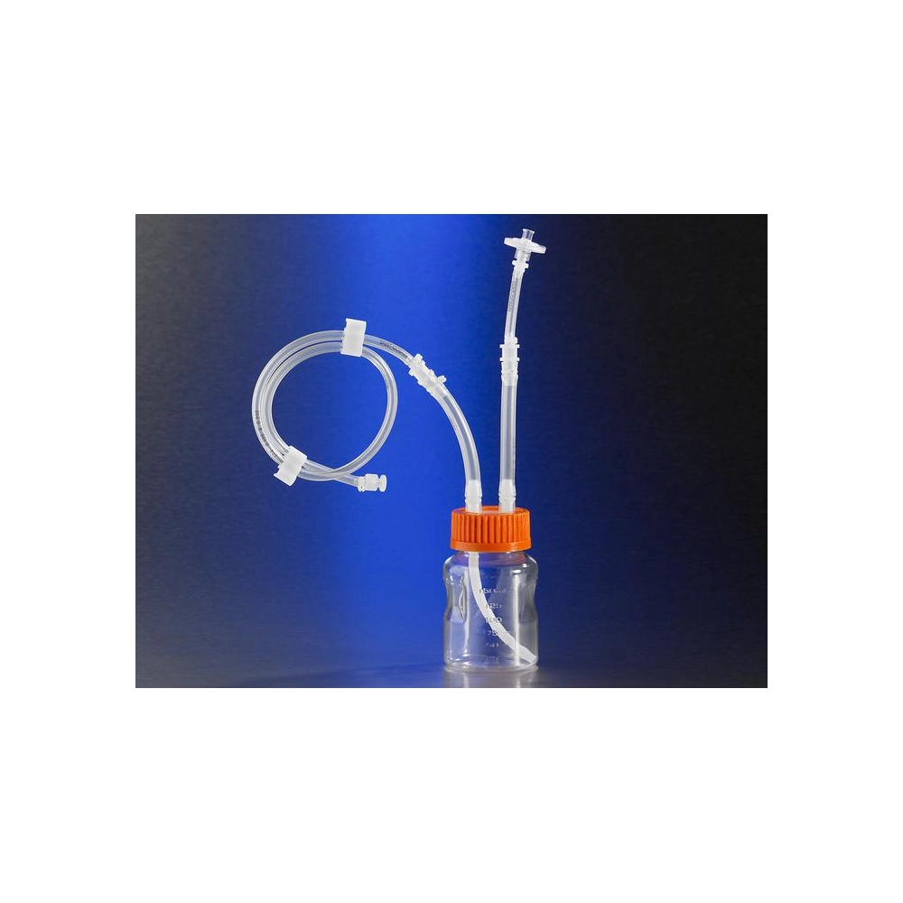 Corning Easy Grip Storage Bottle, 150mL Polystyrene bottle with Closed System Tubing accessories with 0.2µm PTFE Filter and MLL, and with Diptube, Sterile, 1 per bag, 8 per case