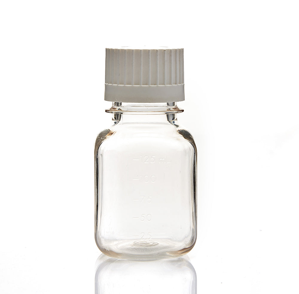 EZBio® 125 mL PETG Media Bottles, Sterile, Square Storage Bottles with 38-430 mm White Closed VersaCap Closures, 24/PK
