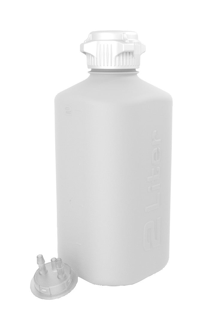 Heavy Duty HDPE Vacuum Bottle, 2 L, with 53 mm (53B) Tangle Free VersaCap, Two 1/4 Inch Hose Barbs and Sealable Vent Port, Bleach Compatible, 1/EA