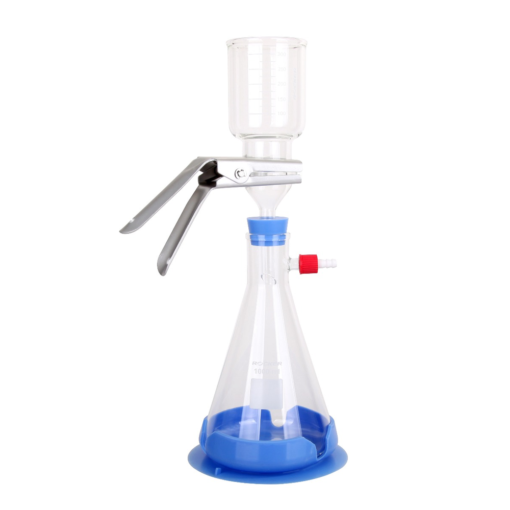 VF6, Glass Filtration Set, includes 300mL/47mm Glass Filter Holder, No. 8 Stopper, 1000mL Receiver Flask, and Silicone Fixing Sucker
