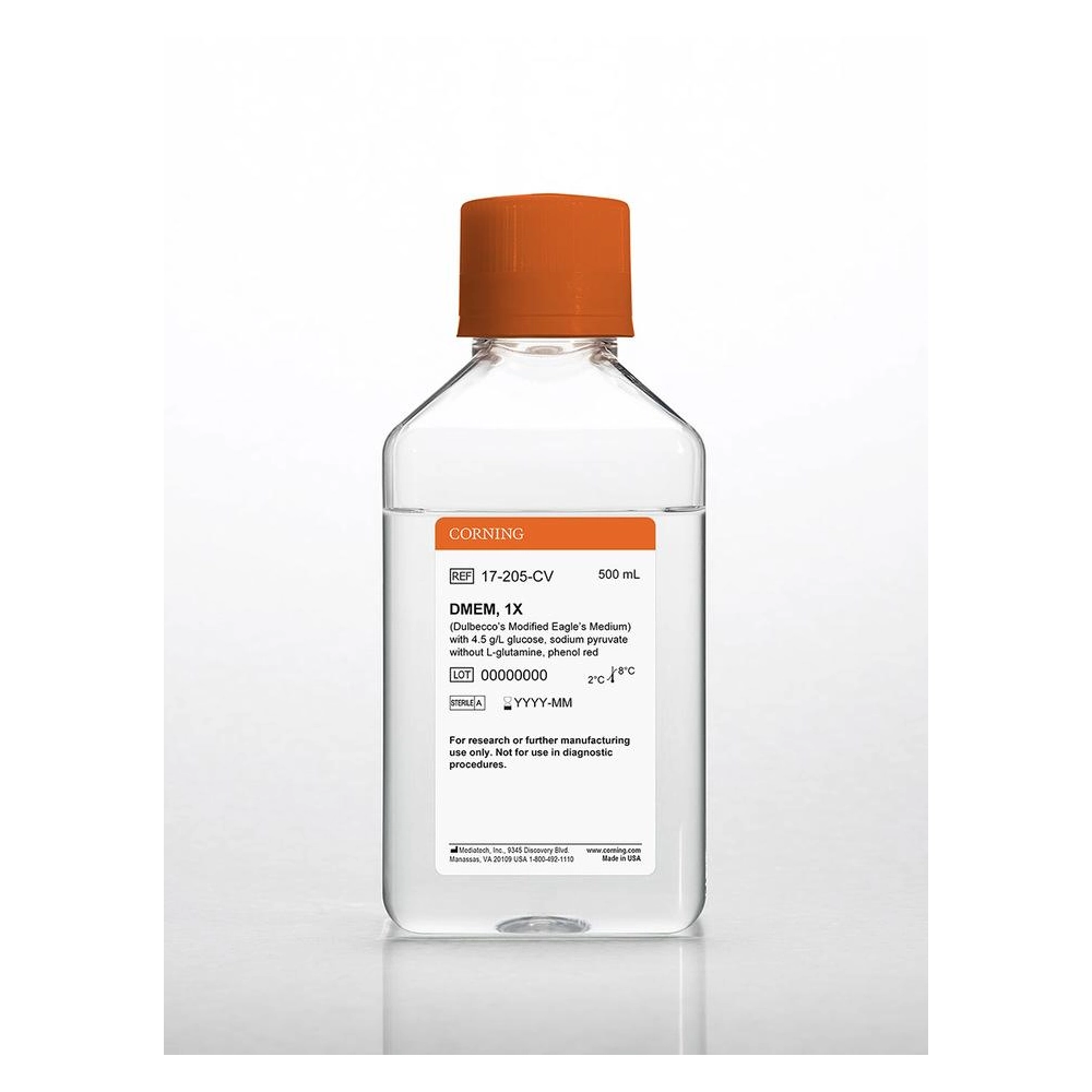 Corning® 500 mL DMEM (Dulbeccos Modification of Eagles Medium) [+] 4.5 g/L glucose, sodium pyruvate [-] L-glutamine, phenol red