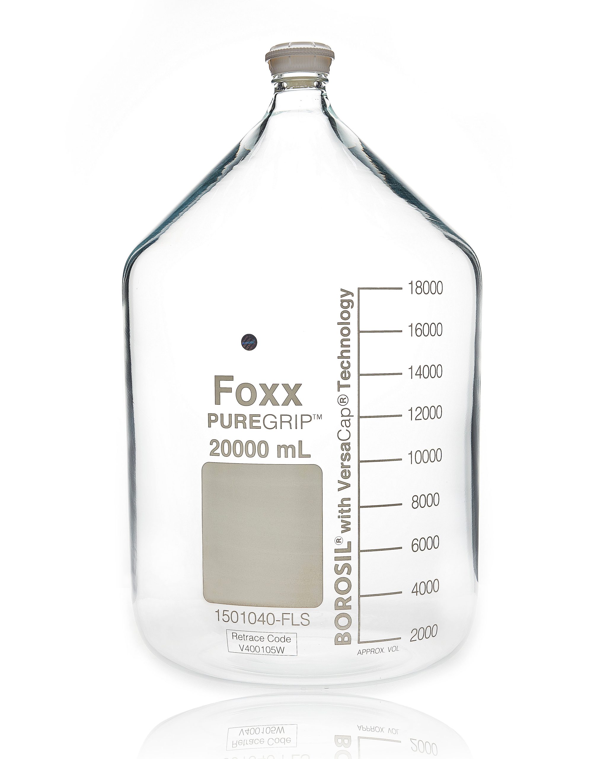 PUREGRIP® Glass Bottles, Media, Round, Clear, GL45 VersaCap®, 20,000mL