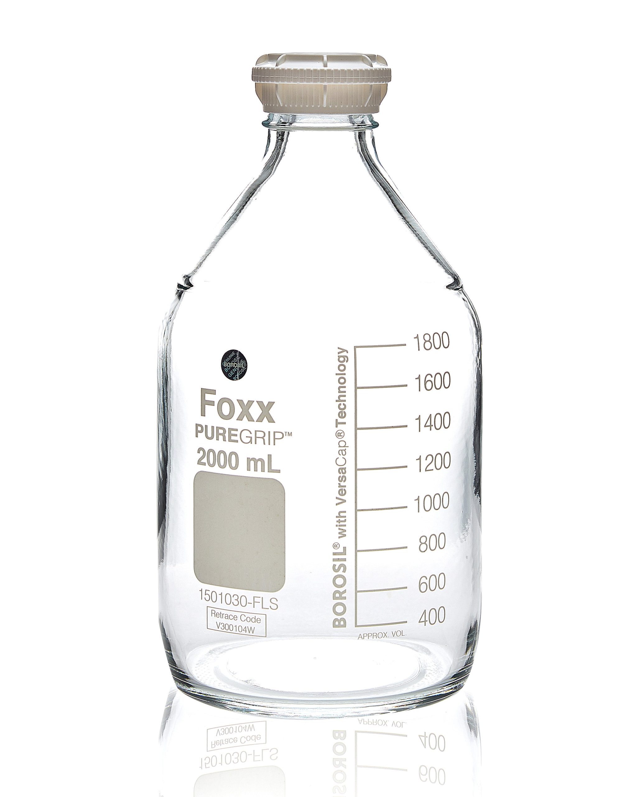 PUREGRIP® Reusable Round Glass Media Storage Bottles with GL45 VersaCap, Pouring Ring, and Extra Large Marking Spot, 2 L (2,000 mL), 10/CS