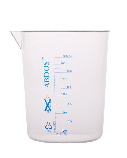 Abdos Printed Tapered Beakers, TPX Polymethyl pentene (PMP) 2,000 mL, 4/CS