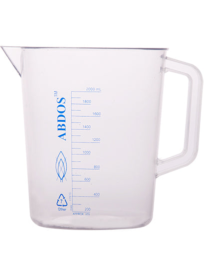 Abdos Printed Beakers with Handle, TPX Polymethyl Pentene (PMP) 2,000 mL, 4/CS