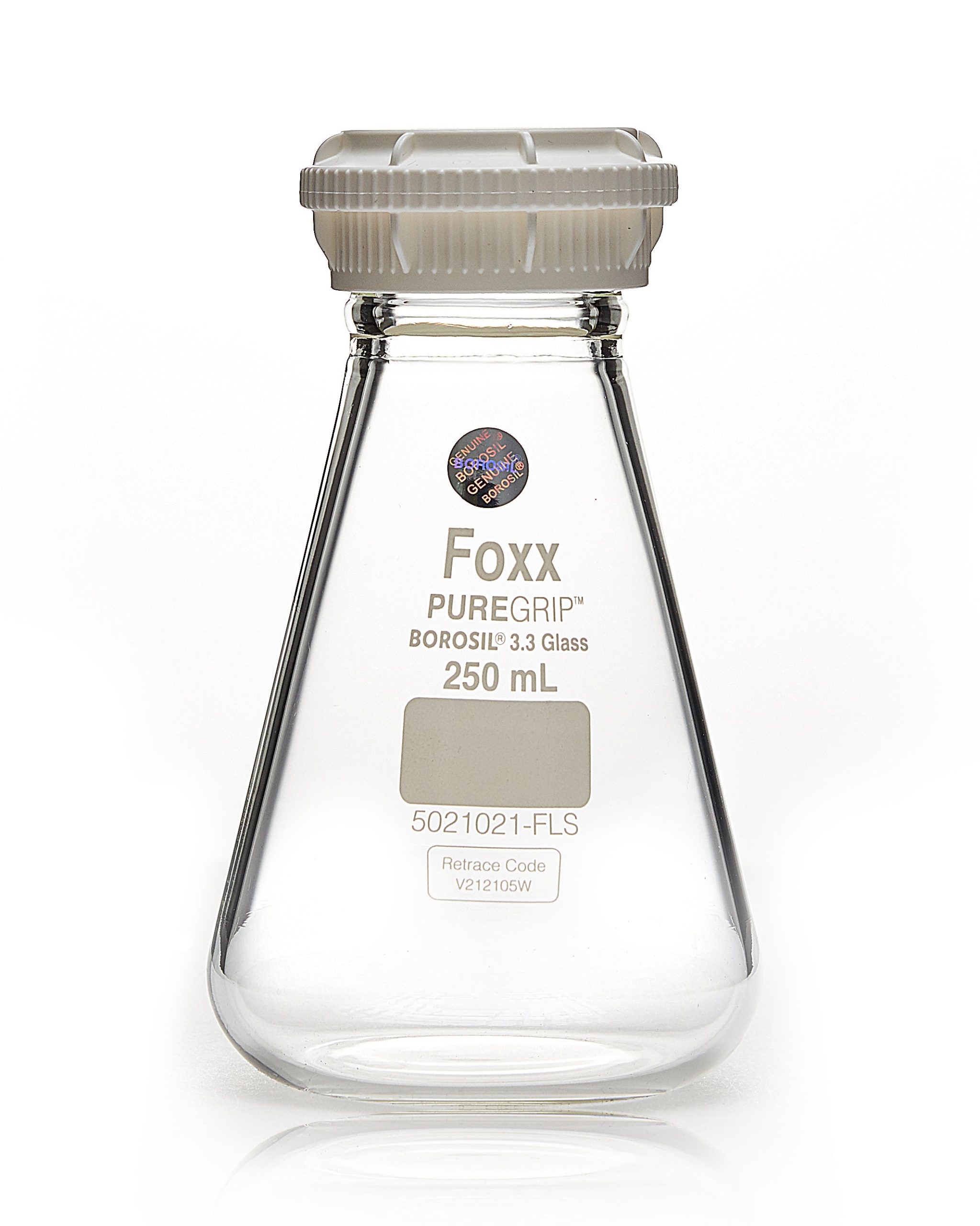 PUREGRIP Reusable Glass Erlenmeyer Flasks with GL45 VersaCap Screw Cap and Pouring Ring, 250 mL, 20/CS