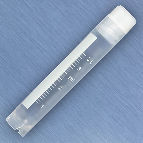 CryoCLEAR vials, 4.0mL, STERILE, Internal Threads, Attached Screwcap with Co-Molded Thermoplastic Elastomer (TPE) Sealing Layer, Round Bottom, Self-Standing, Printed Graduations, Writing Space and Barcode, 50/Bag, 10 Bags
