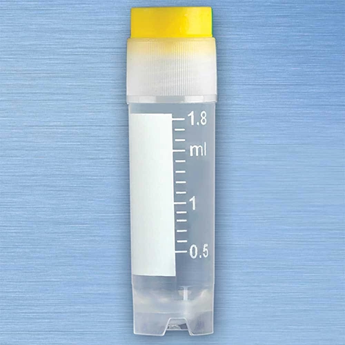 CryoCLEAR vials, 2.0mL, STERILE, External Threads, Assembled YELLOW Screwcap with Co-Molded Thermoplastic Elastomer (TPE) Sealing Layer, Round Bottom, Self-Standing, Printed Graduations, Writing Space and Barcode, 50/Bag, 10