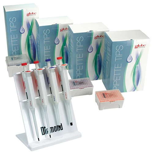 Pipette Kit, Diamond PRO Adjustable Volume Pipettors: 0.5-10uL, 2-20uL, 20-200uL, 100-1000uL; Sterile Racked Tips: 10uL, 20uL, 200uL, 1250uL and 4-Place Stand