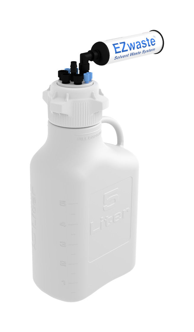 EZwaste® HPLC Solvent Waste System, 5 L Heavy Duty Reusable Carboy, 83 mm (83B) VersaCap with Four (4x) Ports for 1/8 Inch O.D. Tubing; Three (3X) 1/4 Inch & HB O.D. Tubing & Filter, 1/EA
