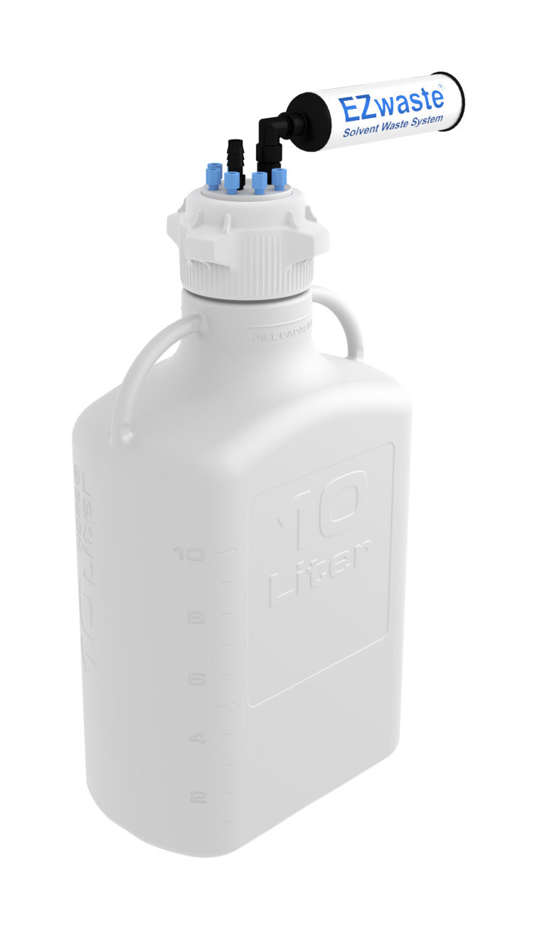 EZwaste® HPLC Solvent Waste System, 10 L Heavy Duty Reusable Carboy, 83 mm (83B) VersaCap with Six (6x) Ports for 1/8 Inch O.D. Tubing; One (1x) Hose Barb Port for 1/4 or 3/8 Inch I.D. Tubing, 1/EA
