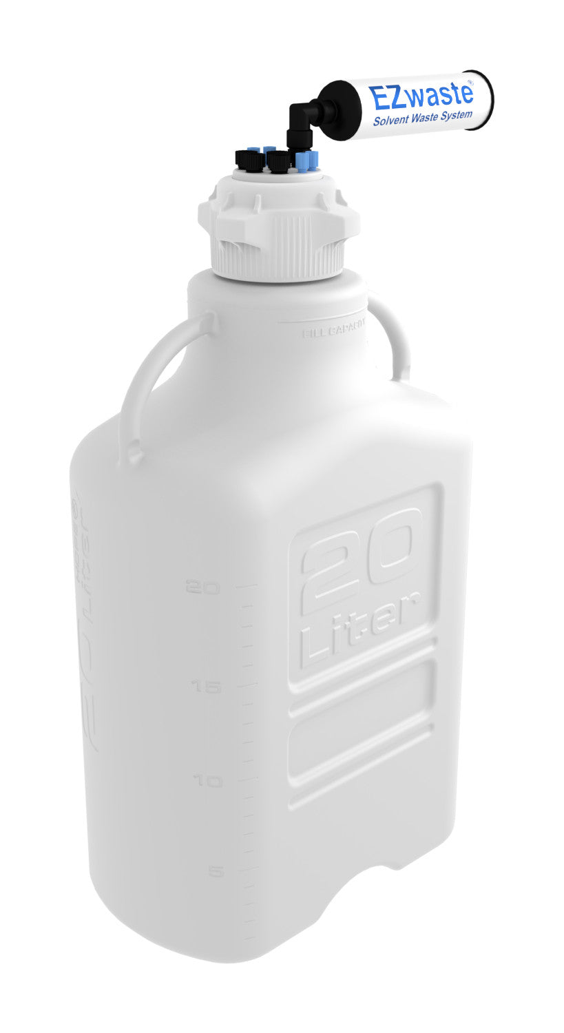 EZwaste® HPLC Solvent Waste System, 20 L Heavy Duty Reusable Carboy, 83 mm (83B) VersaCap with Four (4x) Ports for 1/8 Inch O.D. Tubing; Four (4x) Ports for 1/4 Inch O.D. Tubing, 1/EA