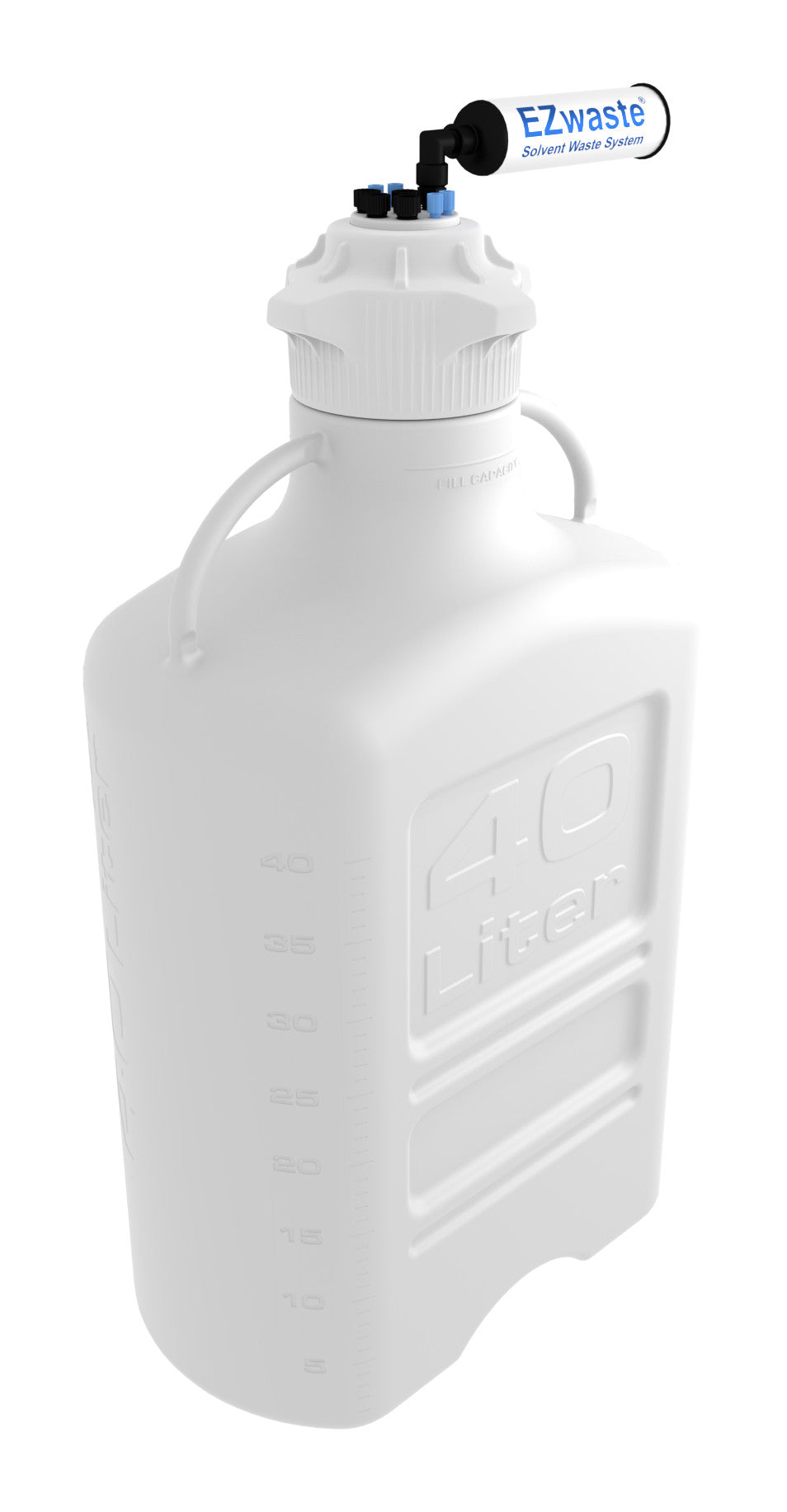 EZwaste® XL HPLC Solvent Waste System, 40 L HDPE Reusable Carboy, 120 mm VersaCap with Four (4x) Ports for 1/8 Inch, Four (4X) 1/4 Inch O.D. Tubing; & Filter, 1/EA
