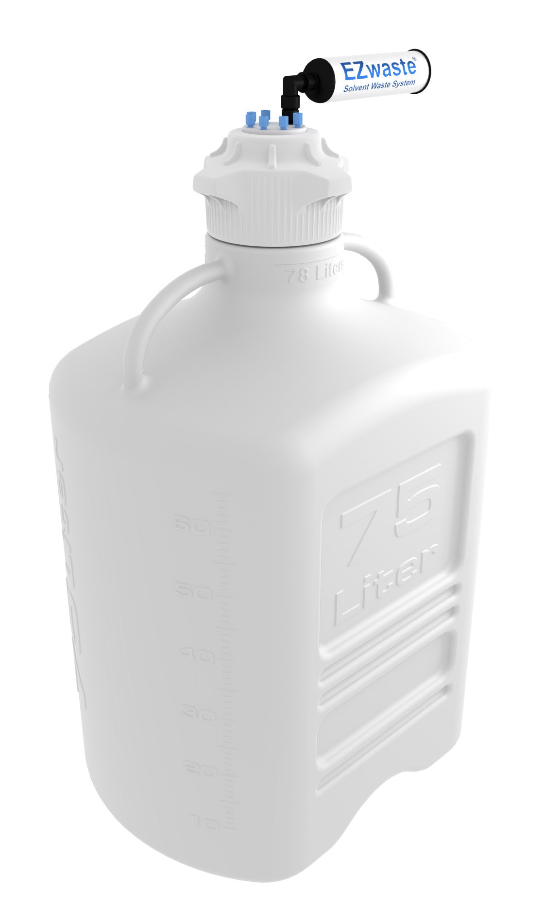 EZwaste® XL HPLC Solvent Waste System, 75 L HDPE Reusable Carboy, 120 mm VersaCap with Six (6x) Ports for 1/8 Inch, O.D. Tubing; & Filter, 1/EA
