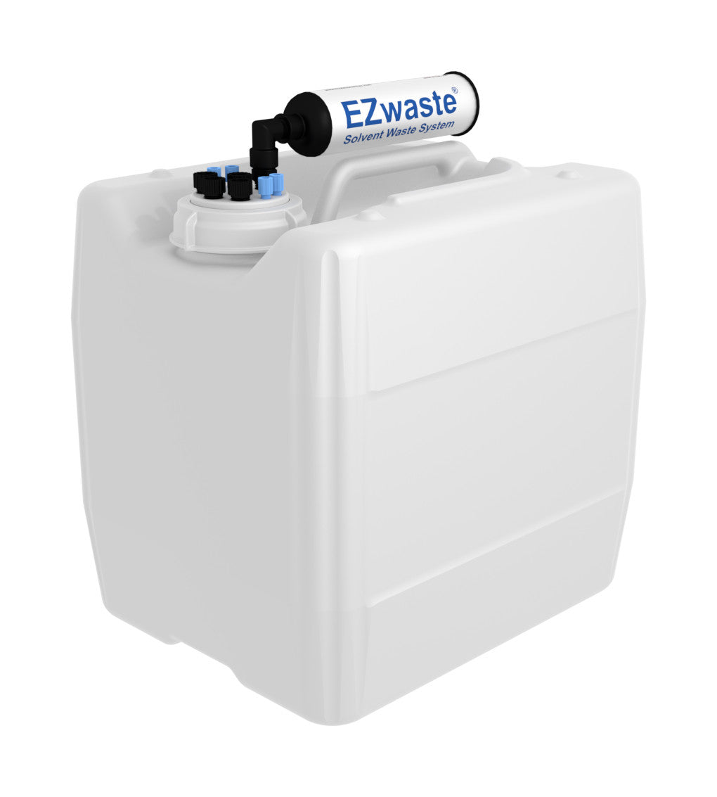 EZwaste® HPLC Solvent Waste System, 13.5 L (3.5 Gal) UN/DOT-Rated Disposable Container, 70 mm VersaCap w/ Four (4x) Ports for 1/8 Inch O.D. Tubing; Four (4x) Ports for 1/4 Inch O.D. Tubing; & Filter, 1/EA