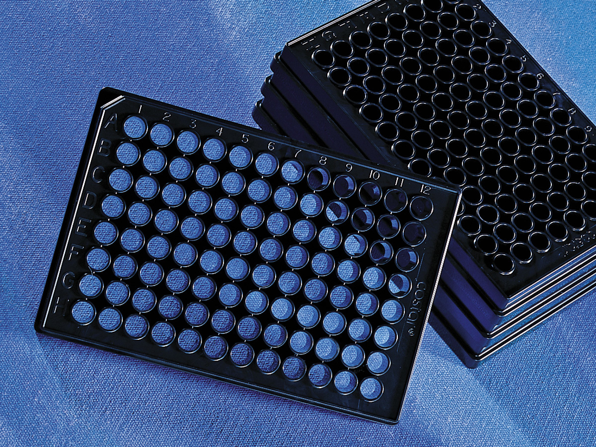 96-well Black/Clear Flat Bottom Microplate
  w/LE Lid, CellBIND Surface, Bar Coded
  Polystyrene, Nonpyrogenic