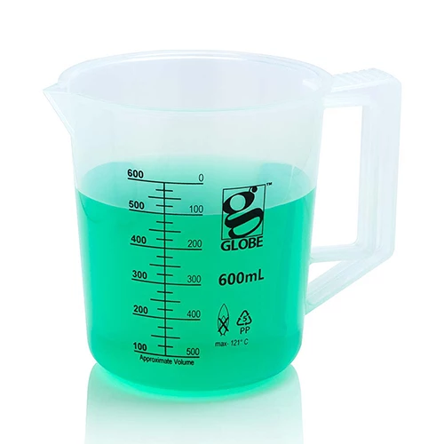 Beaker with Handle, Diamond Essentials, Low Form, Printed Graduations, PP, 600mL, 1/Bag