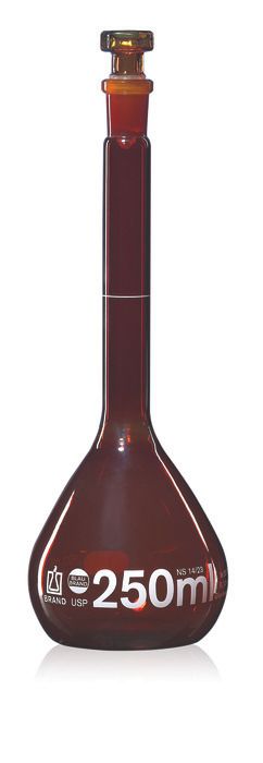 Volumetric flask, USP BBR, A 500mL NS19/26 glass amber, pk2