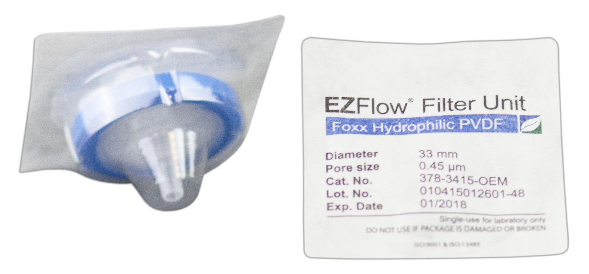 EZFlow® Sterile Hydrophilic PVDF Syringe Filters, 0.45 µm Membrane for Clarification or Prefiltration, 33 mm, 100/PK
