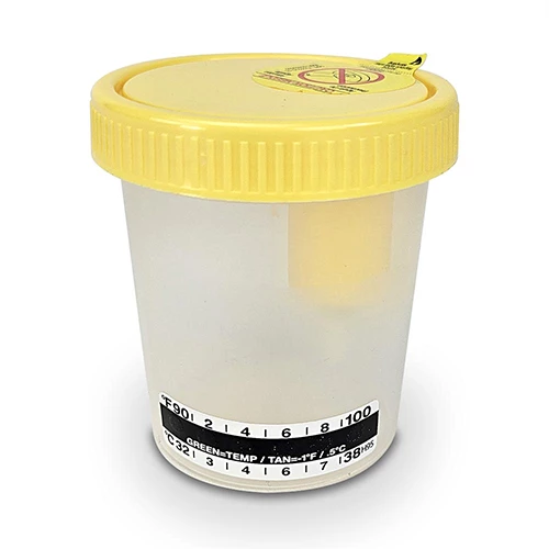 TransferTop Urine Collection Cup with Integrated Transfer Device, 4oz (120mL), Graduated to 100mL, STERILE, Bulk, Affixed Temperature Strip
