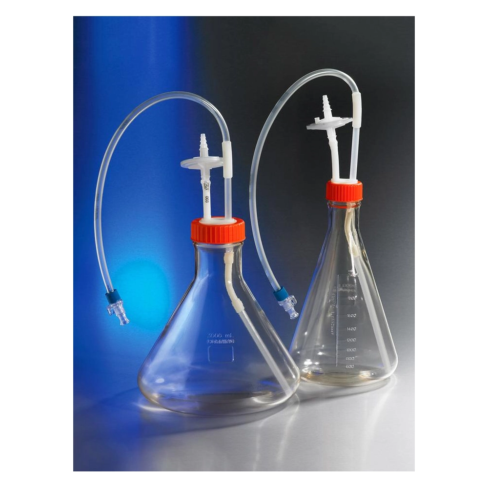 Corning 2L Polycarbonate Erlenmeyer Shake Flask with Aseptic Transfer Cap having a 1/4" Dip Tube with Male MPC Disconnect and a 0.2µm Vent,Sterile, 1/bag,3/case