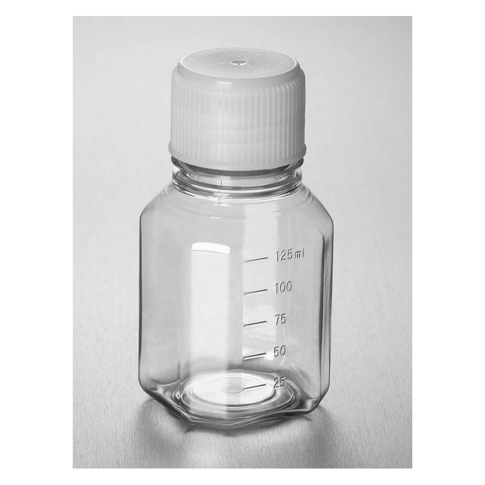 Corning PET Bottle, 125 mL, Graduated, 31 mm Screw Cap validated against IATA, Sterile, Triple-bagged, Pre-assembled, 24/Tray, 96/Case