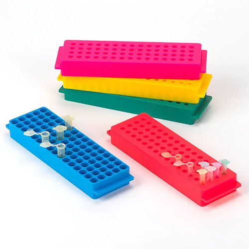 Reversible Rack for Microcentrifuge Tubes, 80-Place for 1.5mL and 2.0mL and Reverse Side is 60-Place for 0.2mL and 0.5mL Tubes, Yellow, 5/Pack - CS/25