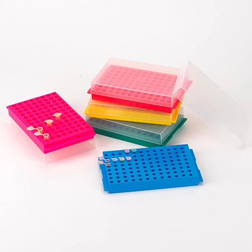 Reversible Rack with Cover for Microcentrifuge Tubes, 96-Place for 1.5mL and 2.0mL and Reverse Side is 96-Place for 0.2mL and 0.5mL Tubes, Green, 5/Pack - PK/1