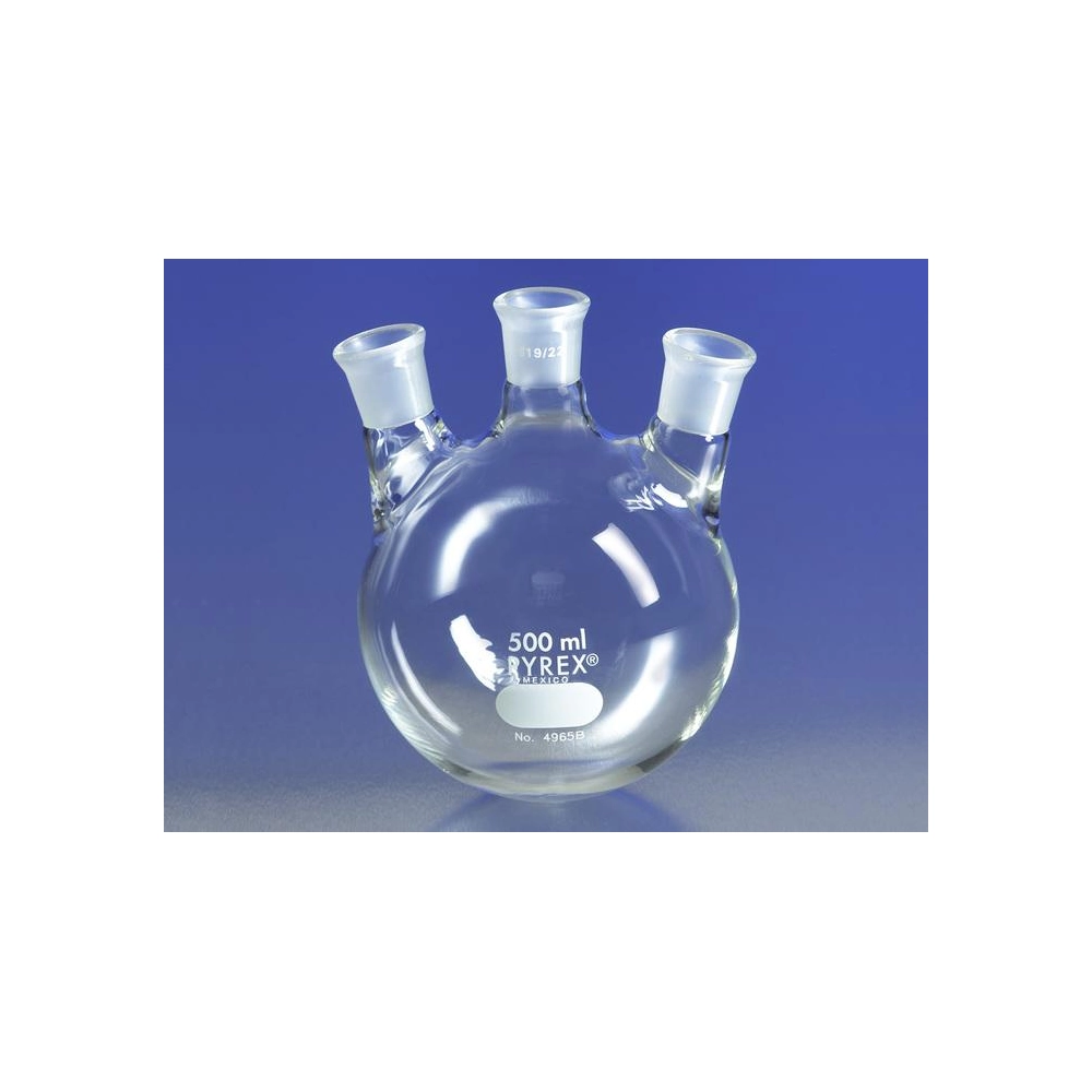 PYREX 500mL Three Neck Distilling Flask with 19/22 Center Vertical and Side Angled Neck Standard Taper Joints