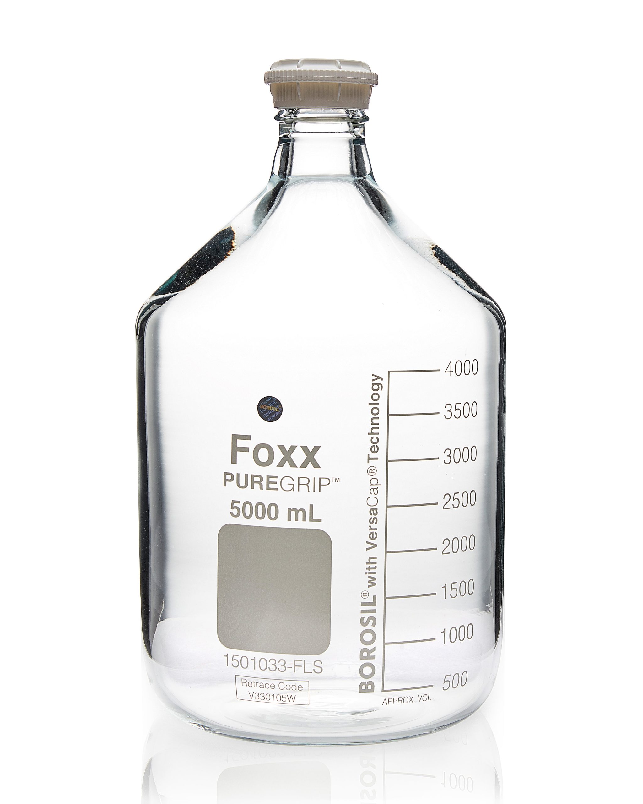PUREGRIP® Glass Bottles, Media, Round, Clear, GL45 VersaCap®, 5,000mL