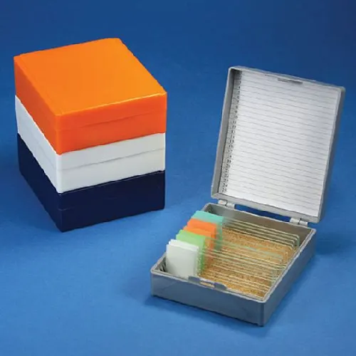 Slide Box for 25 Slides, Cork Lined, 5 Assorted Colors (Gray, Blue, Dark Gray, Orange and White)