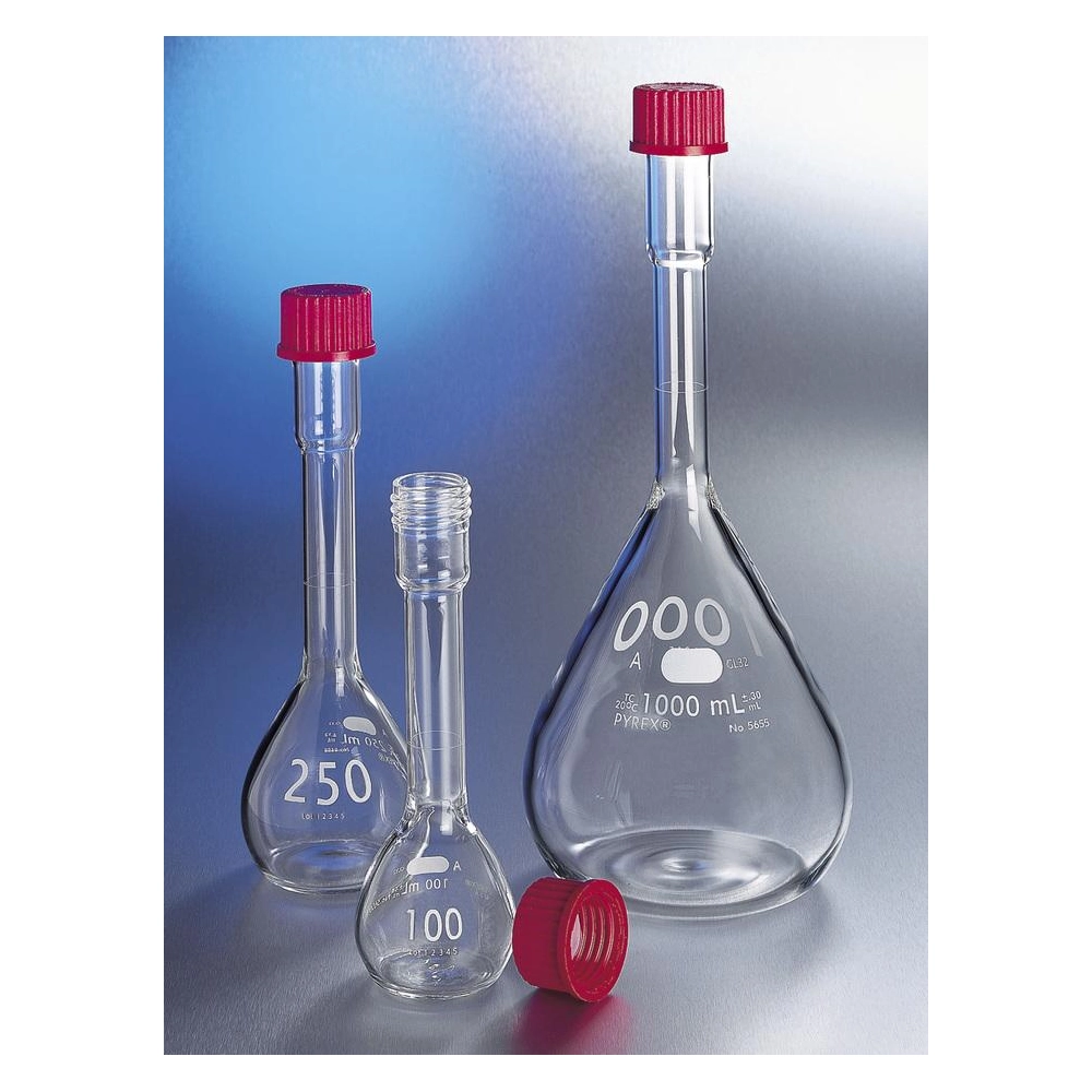 PYREX 250mL EZ Access Wide Mouth Volumetric Flask, TC, Class A, Heavy Duty, with GL32 Screw Cap