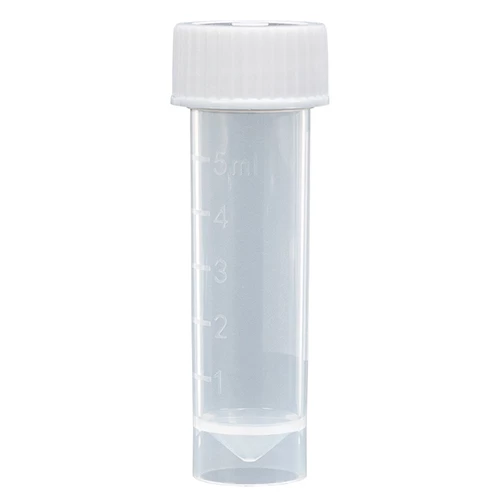 Transport Tube, 5mL, with Attached White Screw Cap, STERILE, PP, Conical Bottom, Self-Standing, Molded Graduations, 25/Bag