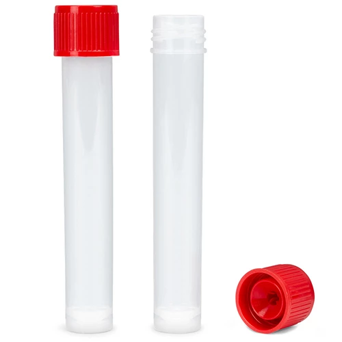Transport Tube, 10mL, with Separate Red Screw Cap with Hole for Swab, STERILE, PP, Round Bottom, Self-Standing, Bulk Packed, 2 x 500 Tubes/Bag & 1 x 1000
