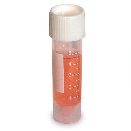 Transport Tube, 5mL, 16 x 60mm, with Attached White Screw Cap,  PP, Conical Bottom, Self-Standing, Sterile, Printed Graduations, 25/Bag