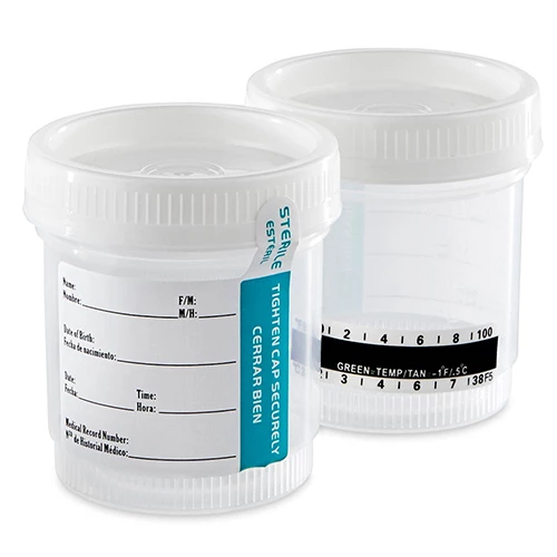 Drug Test Container, 90mL, Wide Mouth, Attached White Screwcap, STERILE, Tab-Seal Patient ID Label & Celsius Thermometer Strip, PP